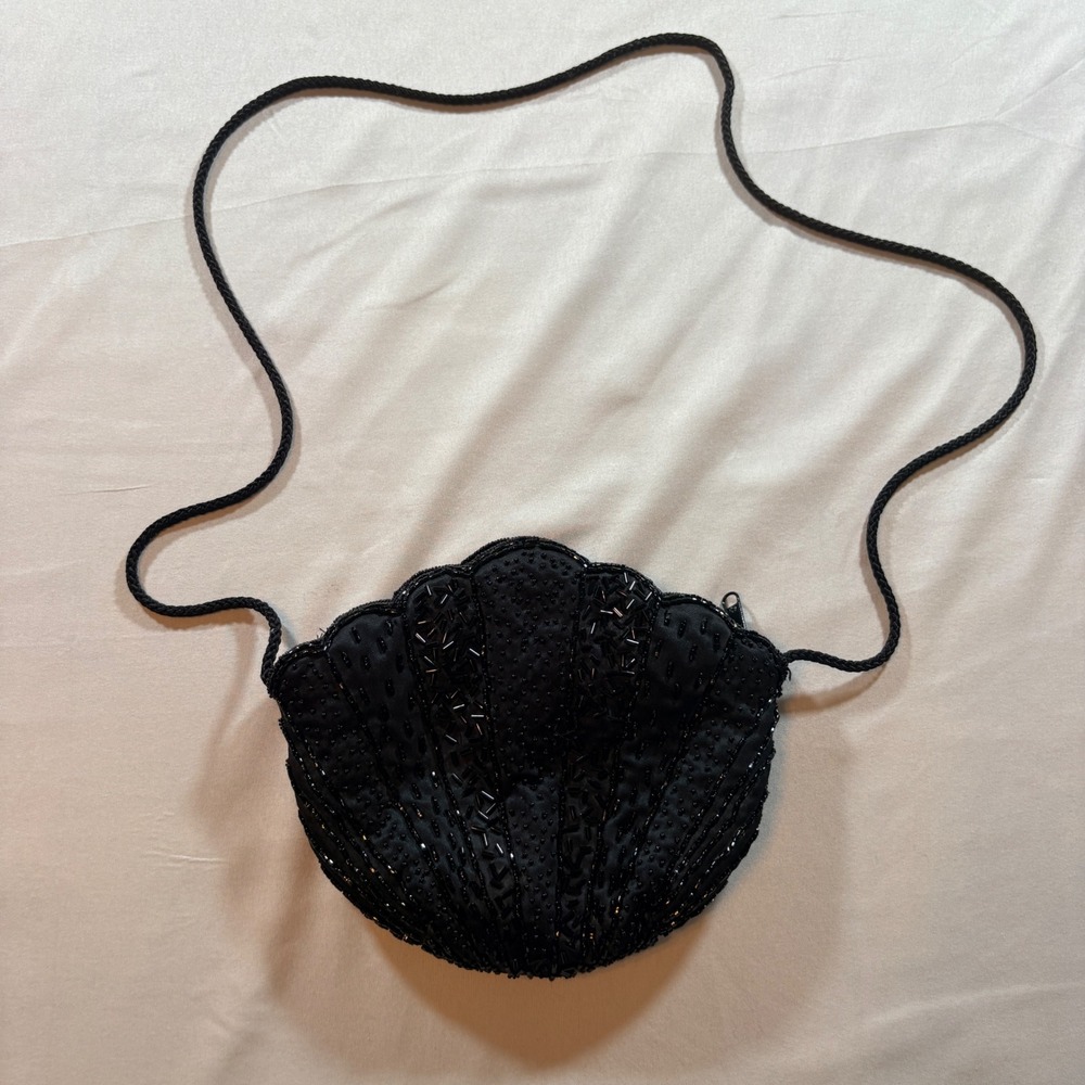 Carla Marchi Beaded Shell Crossbody Bag Womens Black Vintage Evening Purse Small